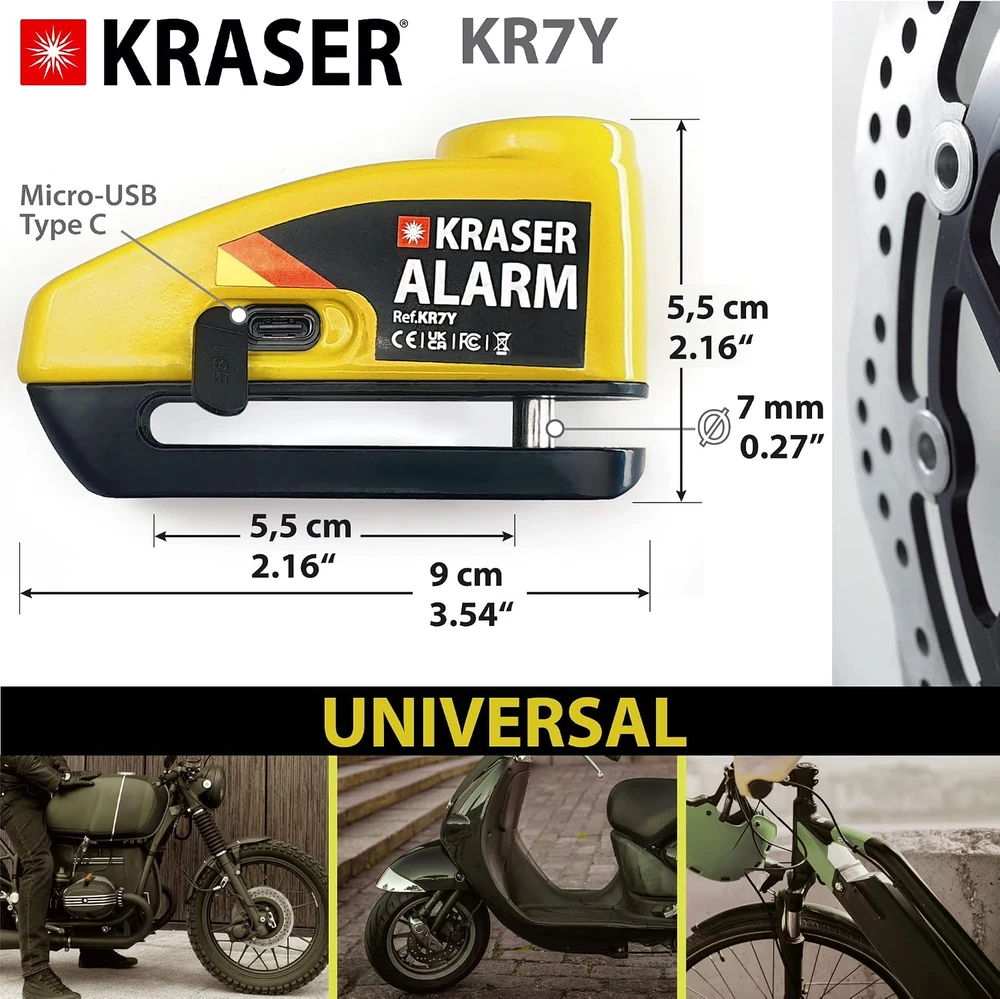 KRASER motociklo stabdžių disko spyna su signalizacija, 7 mm kaištis, USB įkraunama, KR7Y