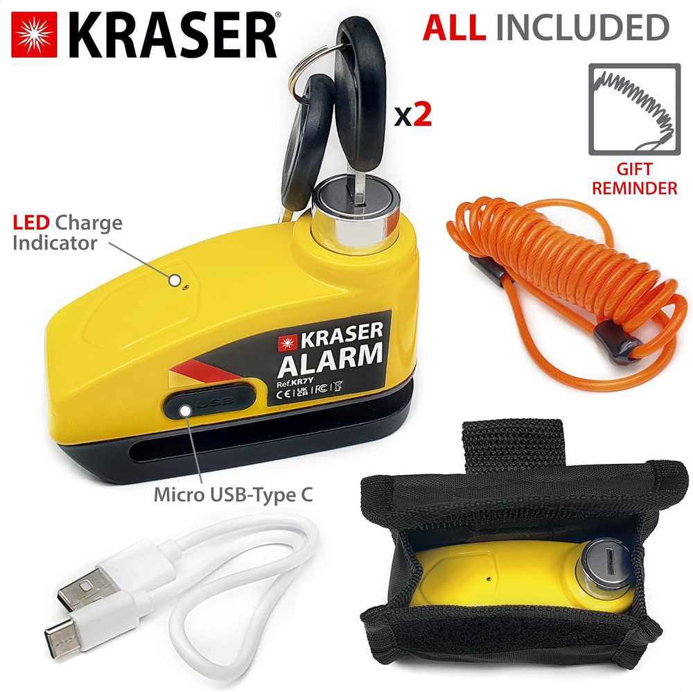 KRASER motociklo stabdžių disko spyna su signalizacija, 7 mm kaištis, USB įkraunama, KR7Y