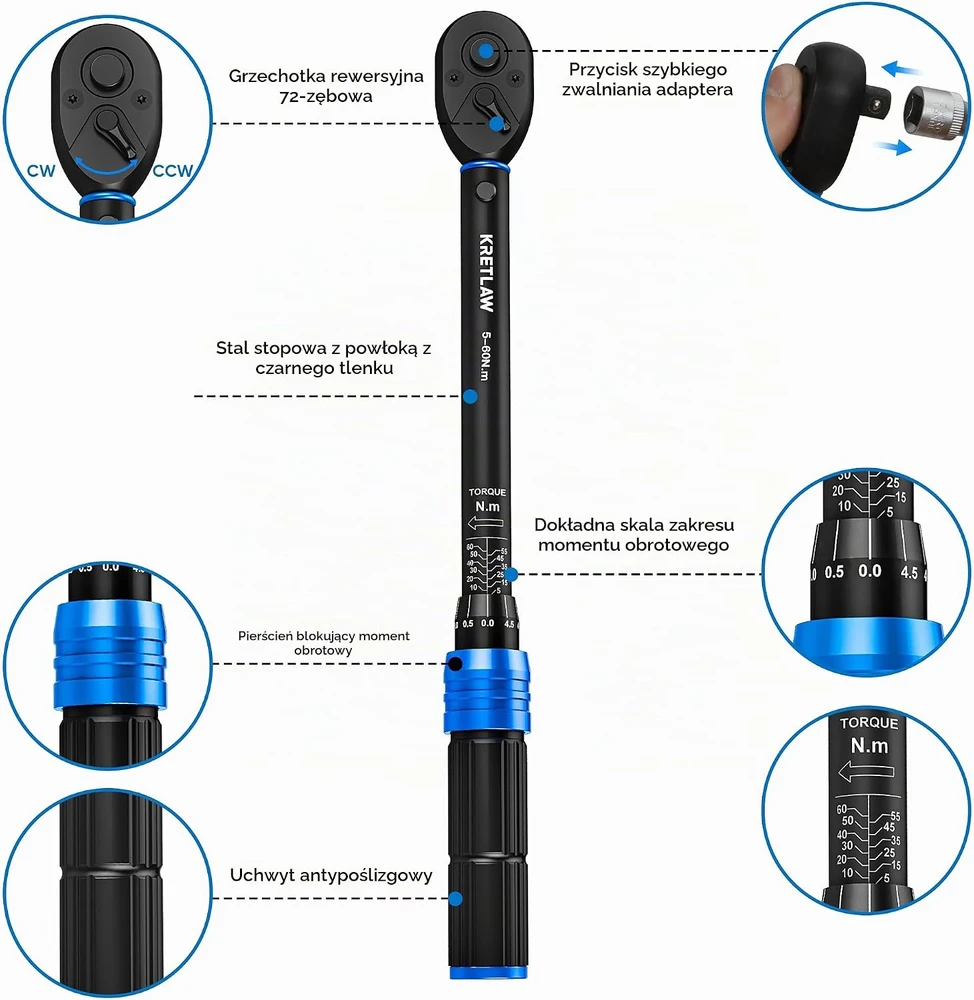 KRETLAW dinamometrinių raktų rinkinys 3/8", 5–60 Nm, 30 dalių, K180016
