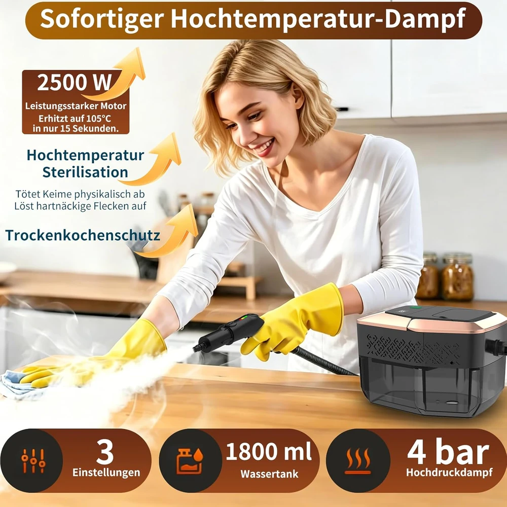 Kryvella nešiojamas garinis valytuvas 2500 W, 1,8 l, 4 bar, su 8 antgaliais