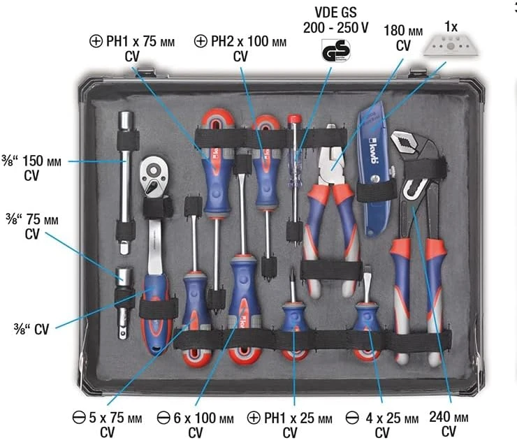 KWB įrankių lagaminas su 51 dalių rinkiniu, plastikinis, atsparus smūgiams, modelis 370740