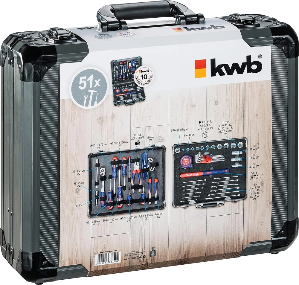 KWB įrankių lagaminas su 51 dalių rinkiniu, plastikinis, atsparus smūgiams, modelis 370740