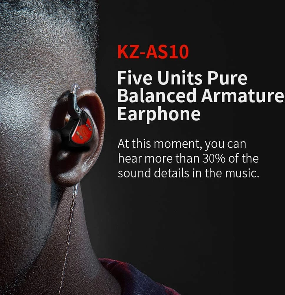 KZ į ausis įdedamos laidinės HiFi ausinės su 5 armatūriniais keitikliais AS10