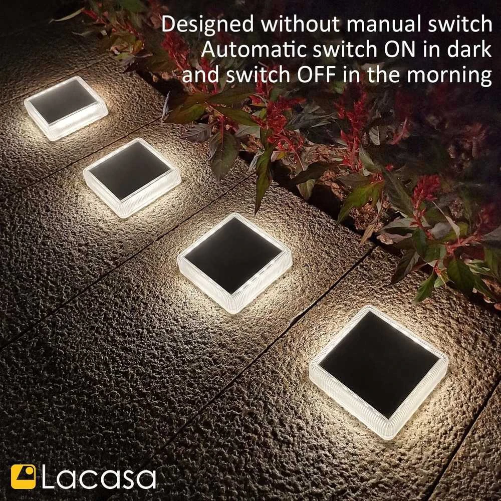Lacasa saulės energija maitinami LED lauko grindinio šviestuvai, IP68, 4 vnt., natūrali balta, 4000 K, 8,6 × 8,6 cm