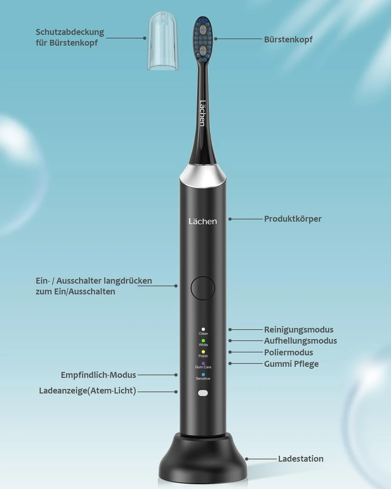 Lächen soninis elektrinis dantų šepetėlis su 5 režimais, IPX7, 6 galvutėmis RM-H9 Juodas
