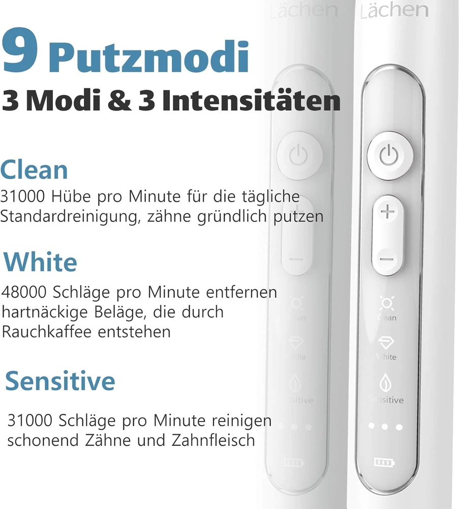 Lächen soninis elektrinis dantų šepetėlis su 4 galvutėmis, 9 režimais ir laikmačiu RM-T8