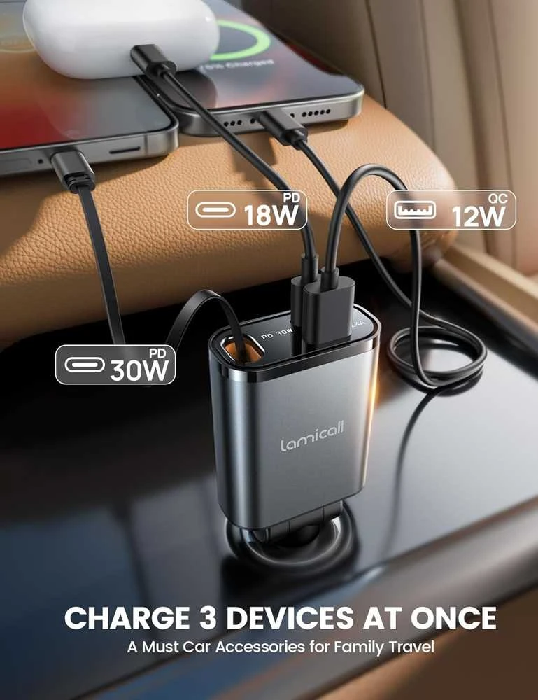 Lamicall automobilinis USB įkroviklis 50W su ištraukiamu USB-C laidu, 3 jungtys, PT-47