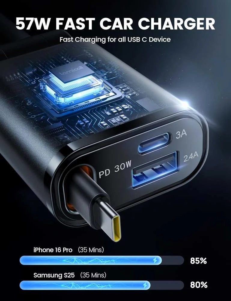 Lamicall automobilinis USB įkroviklis 50W su ištraukiamu USB-C laidu, 3 jungtys, PT-47