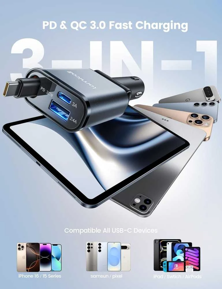 Lamicall automobilinis USB įkroviklis 50W su ištraukiamu USB-C laidu, 3 jungtys, PT-47