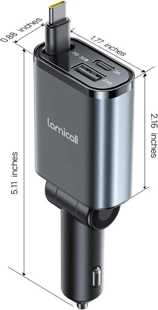 Lamicall automobilinis USB įkroviklis 50W su ištraukiamu USB-C laidu, 3 jungtys, PT-47