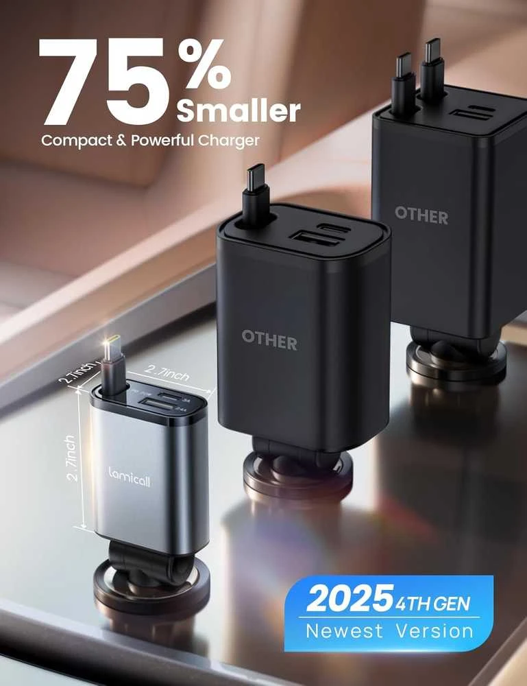 Lamicall automobilinis USB įkroviklis 50W su ištraukiamu USB-C laidu, 3 jungtys, PT-47