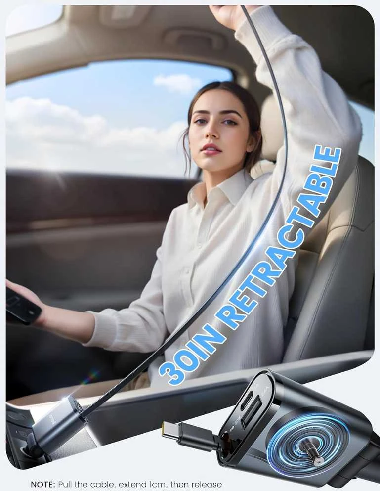 Lamicall automobilinis USB įkroviklis 50W su ištraukiamu USB-C laidu, 3 jungtys, PT-47