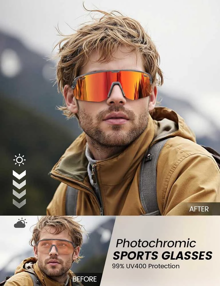 Lamicall fotochrominiai sportiniai akiniai UV400 apsauga, TR90 rėmelis, reguliuojama noselė