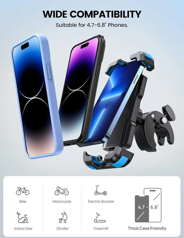 Lamicall motociklo telefono laikiklis, daugiaašis, silikoninis, 4,7–6,8 colio, BP07-EU-BU