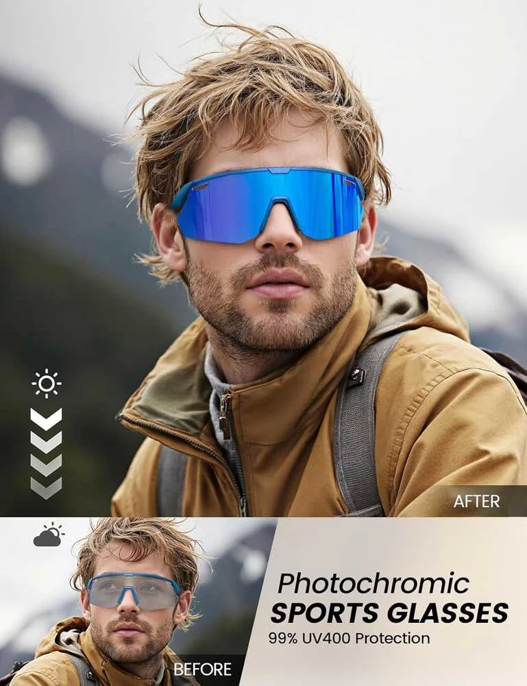 Lamicall sportiniai fotochrominiai akiniai vyrams ir moterims, UV400 apsauga, TR90 rėmelis, 28 g