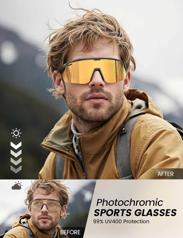 Lamicall sportiniai fotochrominiai dviračio akiniai su UV400 apsauga, reguliuojama nosies atrama, aukso spalvos, TR90 rėmas