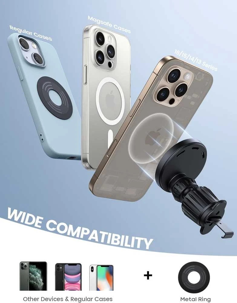 Lamicall telefono magnetinis automobilinis įkroviklis su ventiliacijos tvirtinimu, 15W, 20x N52 magnetai, MagSafe, OL-Z9T9-C78W