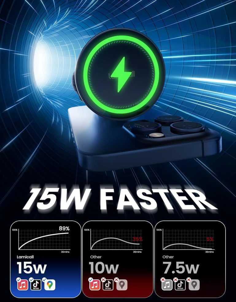 Lamicall telefono magnetinis automobilinis įkroviklis su ventiliacijos tvirtinimu, 15W, 20x N52 magnetai, MagSafe, OL-Z9T9-C78W