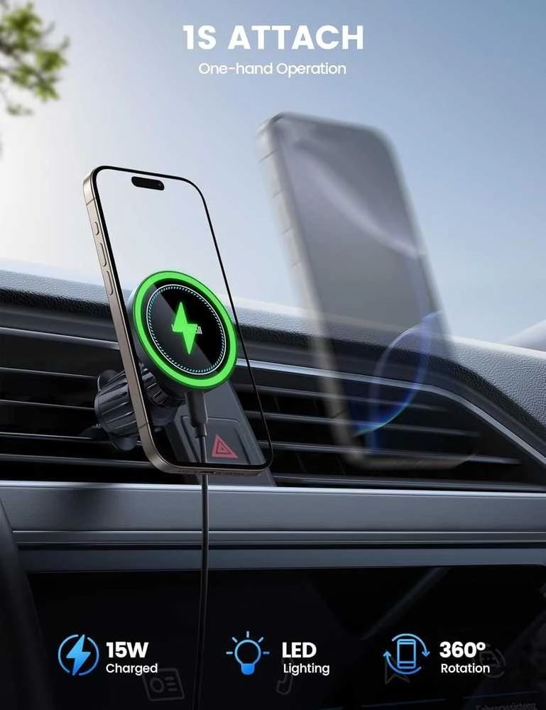 Lamicall telefono magnetinis automobilinis įkroviklis su ventiliacijos tvirtinimu, 15W, 20x N52 magnetai, MagSafe, OL-Z9T9-C78W