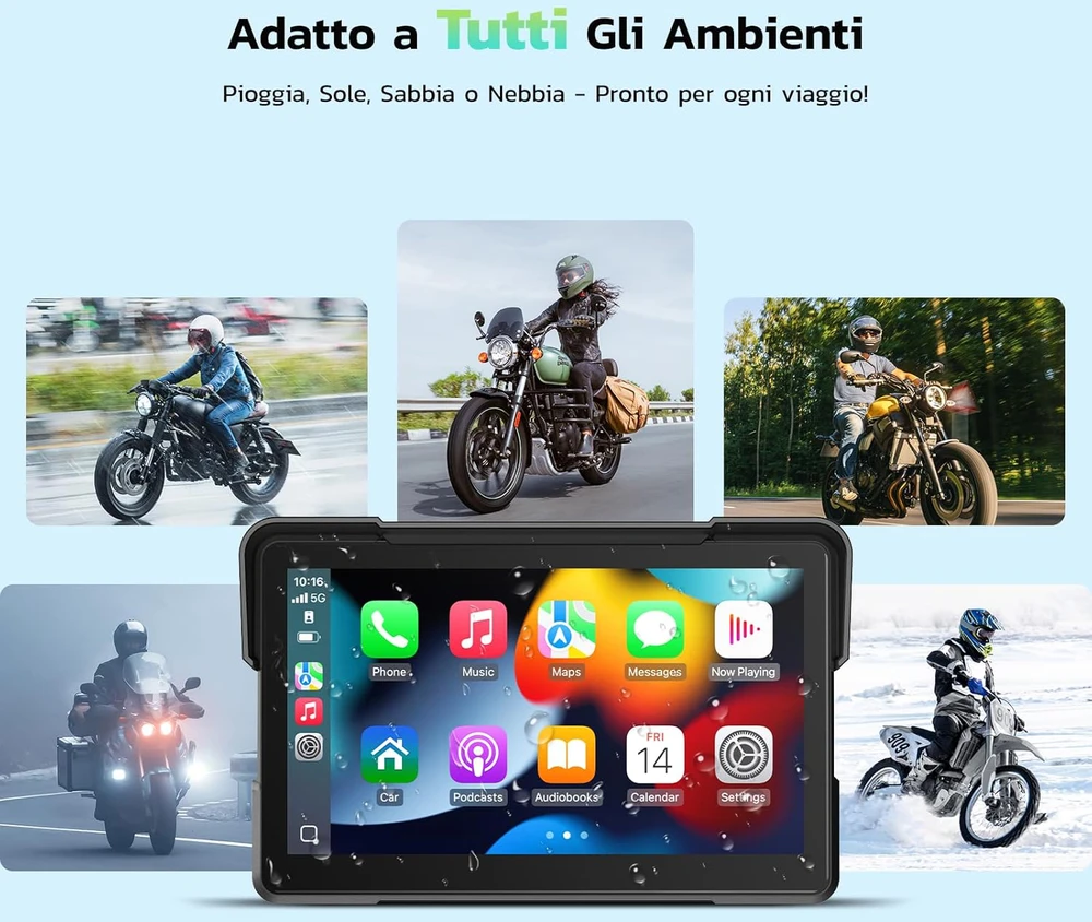LAMTTO motociklininkų 7 colių IP67 GPS navigacijos sistema su CarPlay, Android Auto ir Bluetooth 5.0, RM