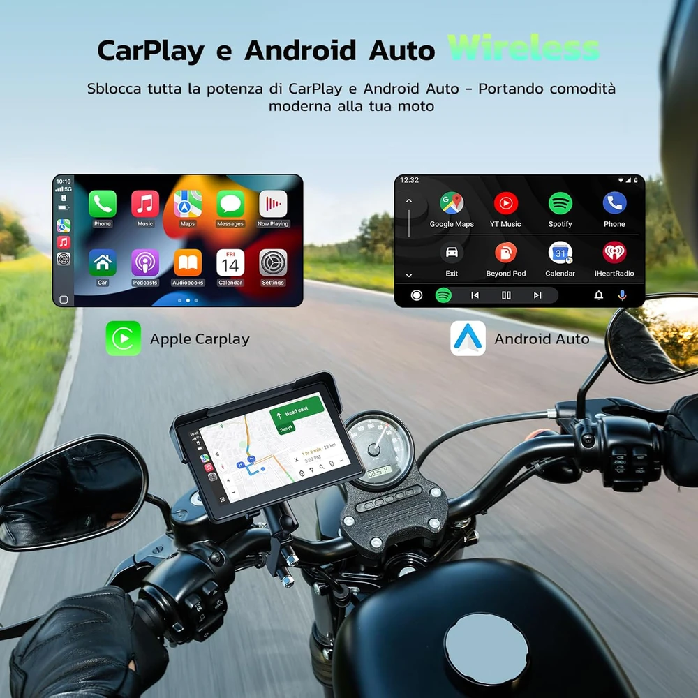 LAMTTO motociklininkų 7 colių IP67 GPS navigacijos sistema su CarPlay, Android Auto ir Bluetooth 5.0, RM