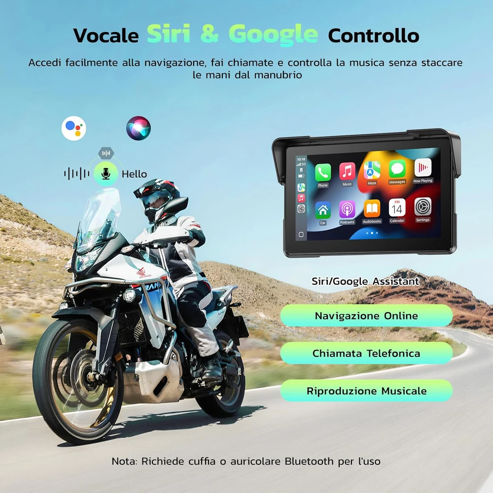 LAMTTO motociklininkų 7 colių IP67 GPS navigacijos sistema su CarPlay, Android Auto ir Bluetooth 5.0, RM
