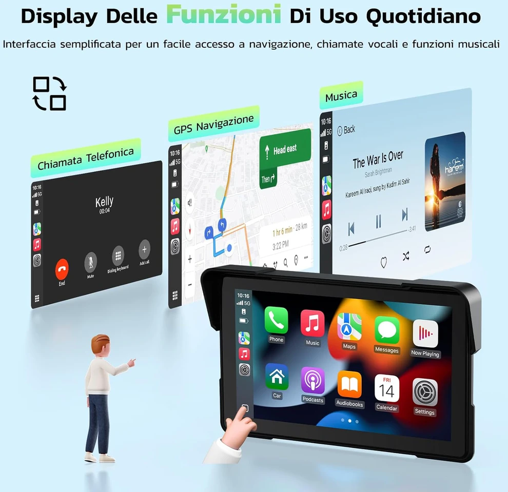 LAMTTO motociklininkų 7 colių IP67 GPS navigacijos sistema su CarPlay, Android Auto ir Bluetooth 5.0, RM