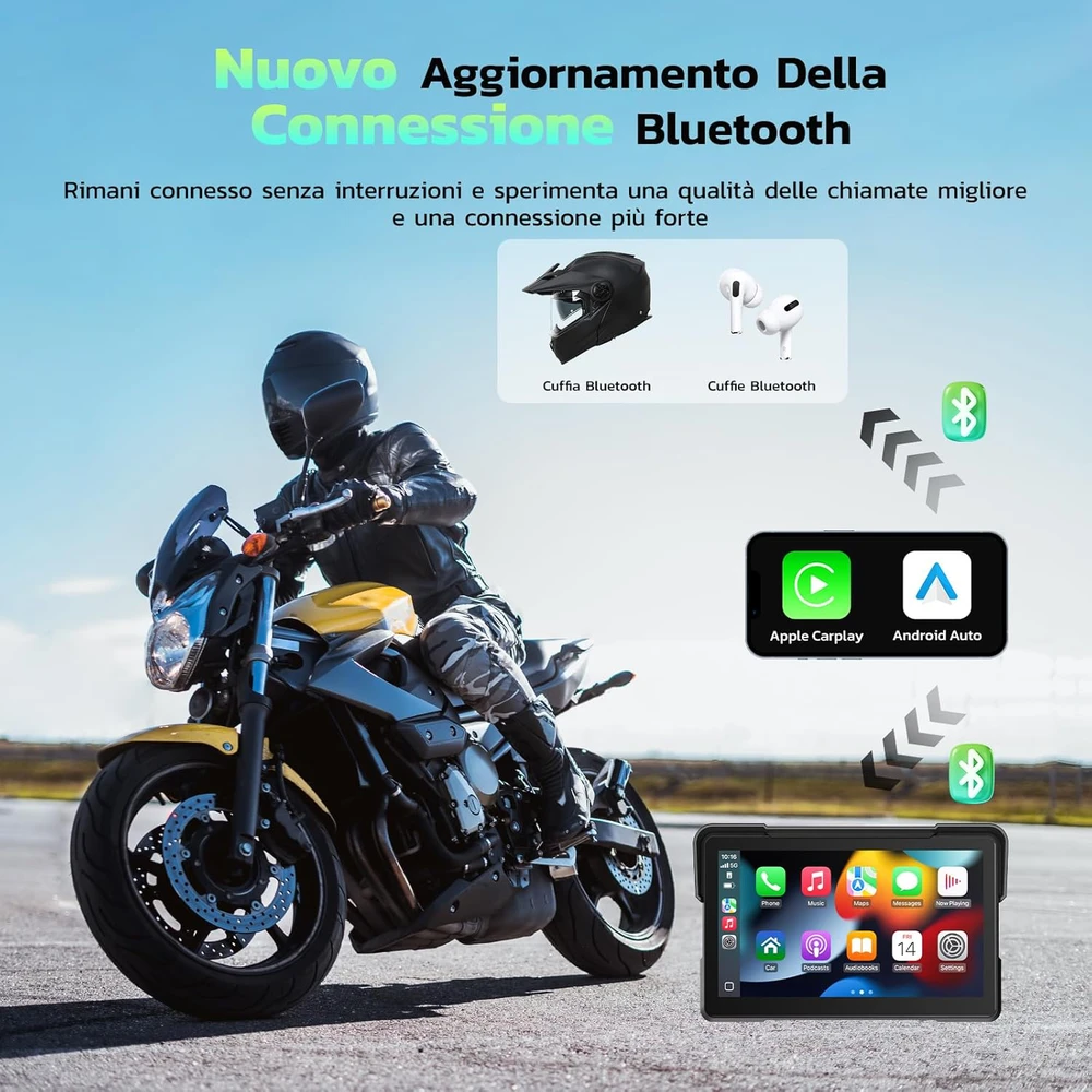 LAMTTO motociklininkų 7 colių IP67 GPS navigacijos sistema su CarPlay, Android Auto ir Bluetooth 5.0, RM