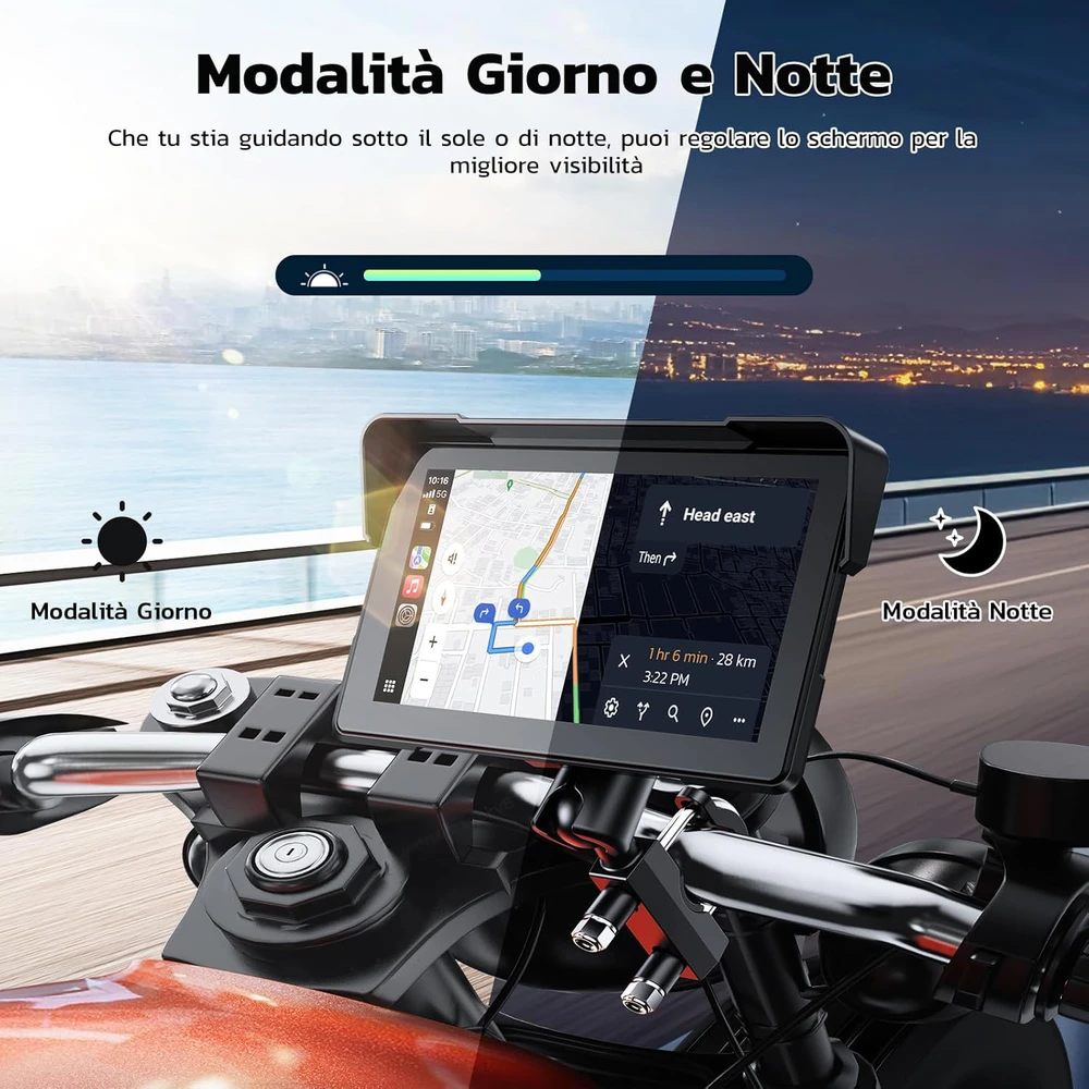 LAMTTO motociklininkų 7 colių IP67 GPS navigacijos sistema su CarPlay, Android Auto ir Bluetooth 5.0, RM