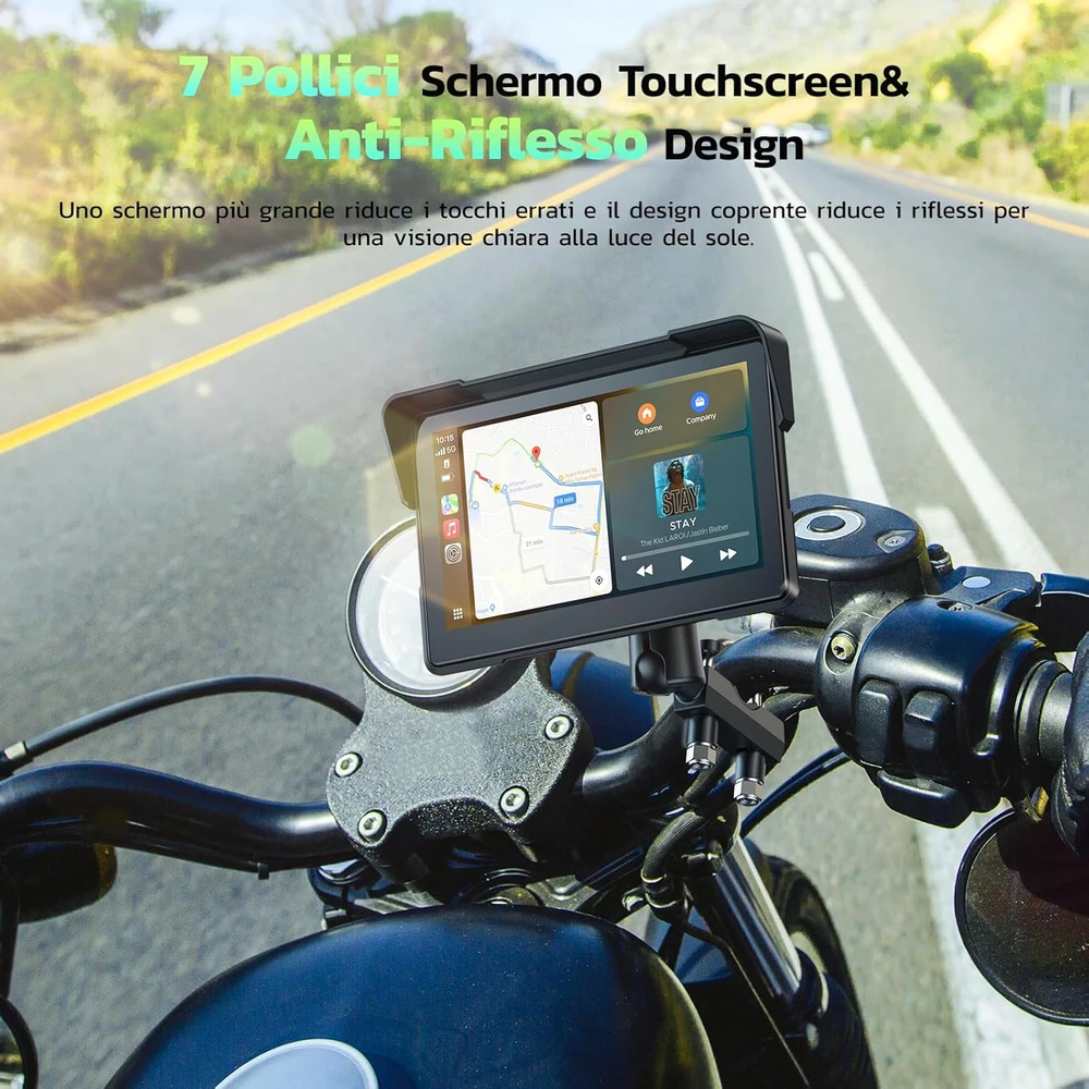 LAMTTO motociklininkų 7 colių IP67 GPS navigacijos sistema su CarPlay, Android Auto ir Bluetooth 5.0, RM