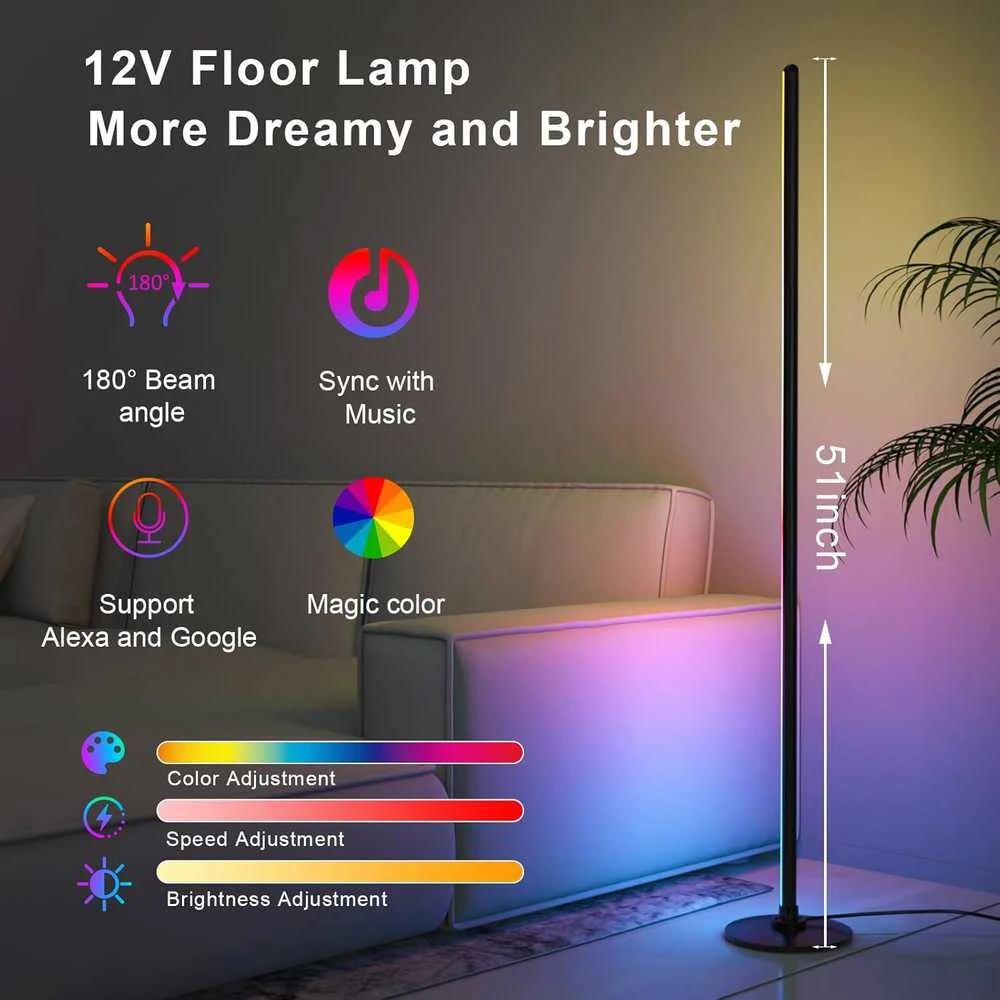 Lanmonlily išmani pastatoma LED grindų lempa, RGBICW, Wi-Fi, 16 mln. spalvų, 12 W, modelis 003