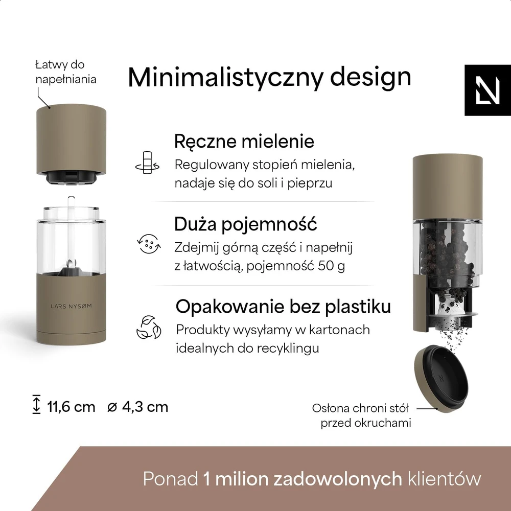 LARS NYSØM rankinių druskos ir pipirų malūnėlių rinkinys su keraminiu mechanizmu FR-D-GREIGE