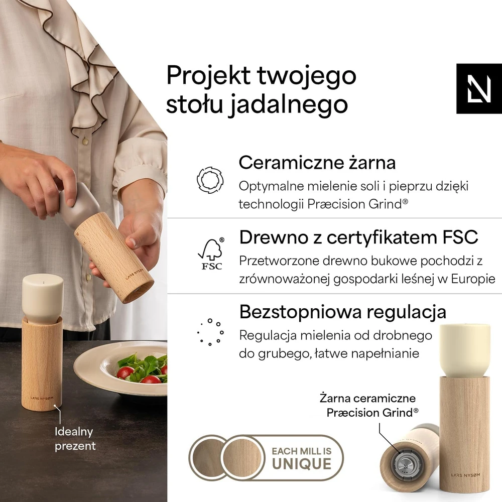 LARS NYSØM rankinių druskos ir pipirų malūnėlių rinkinys su buko medienos lentele LIG-6-TAUALM