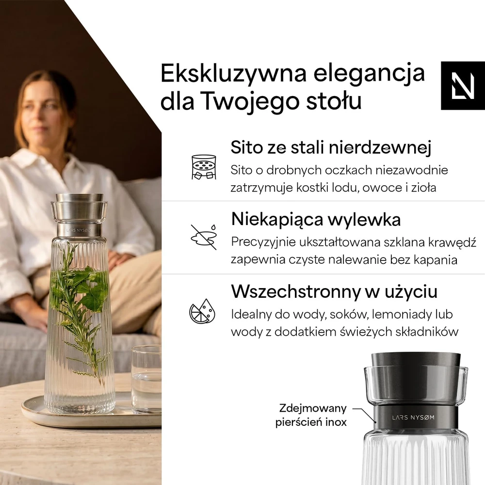 LARS NYSØM stiklinis grafinas vandeniui 1,5 l su nerūdijančiojo plieno dangteliu BAK-7-PURBLA