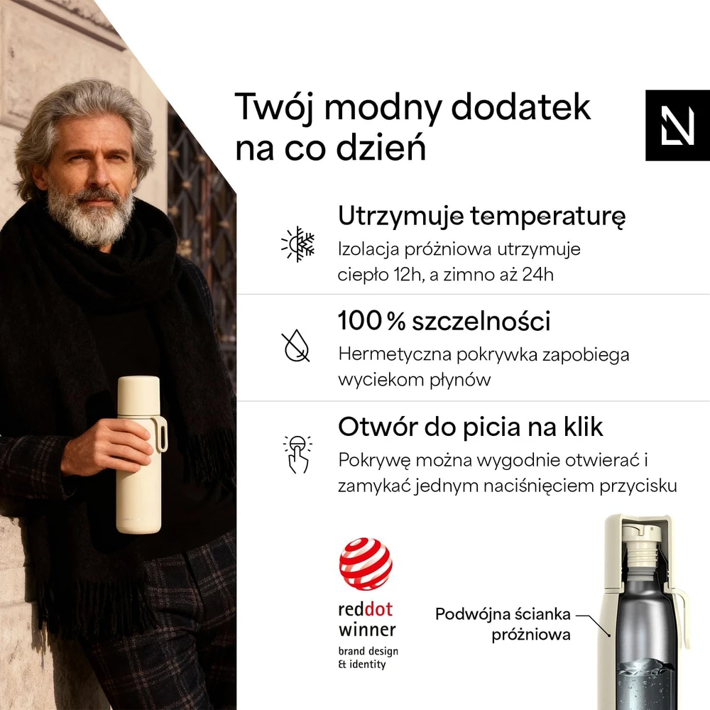 LARS NYSØM termobutelis 1000 ml su puodeliu ir nešiojimo dirželiu LUN-6-ALMBEI