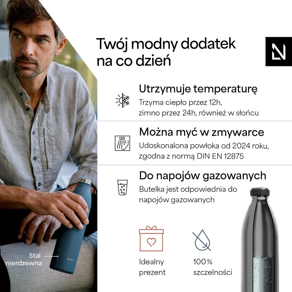 LARS NYSØM termogertuvė iš nerūdijančiojo plieno, 1,5 l, iki 12 val. išlaiko gėrimą karštą ir iki 24 val. šaltą, REN-7-STASTE