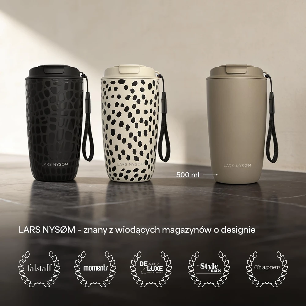 LARS NYSØM termopuodelis 500 ml iš 18/8 nerūdijančiojo plieno su dirželiu NOG-3-CRE002