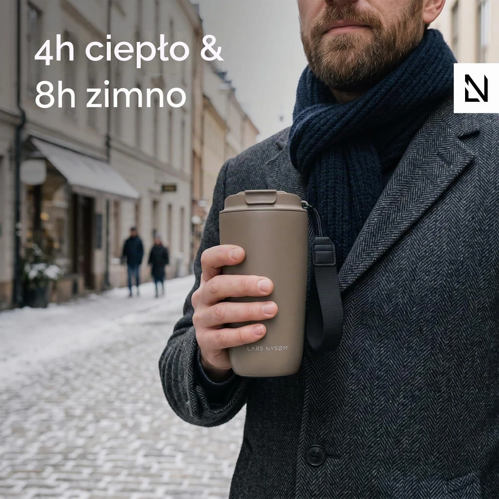 LARS NYSØM termopuodelis 500 ml iš 18/8 nerūdijančiojo plieno su dirželiu NOG-3-CRE002