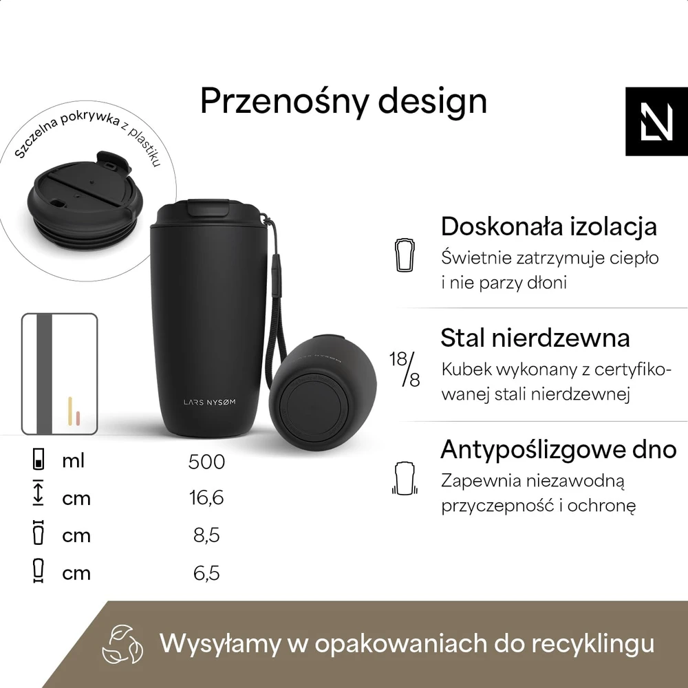 LARS NYSØM termopuodelis 500 ml su sandariu dangteliu ir riešo dirželiu NOG-3-CARBLA