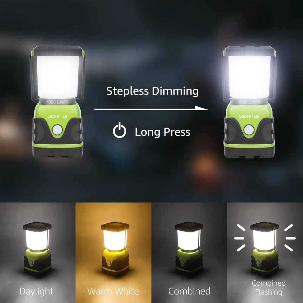 LE LED kempingo žibintas 1000 lm, reguliuojamas ryškumas, IPX4, 4 režimai, baterinis