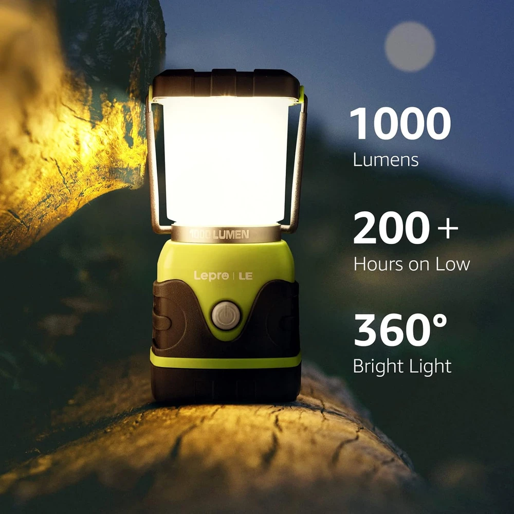 LE LED kempingo žibintas 1000 lm, reguliuojamas ryškumas, IPX4, 4 režimai, baterinis