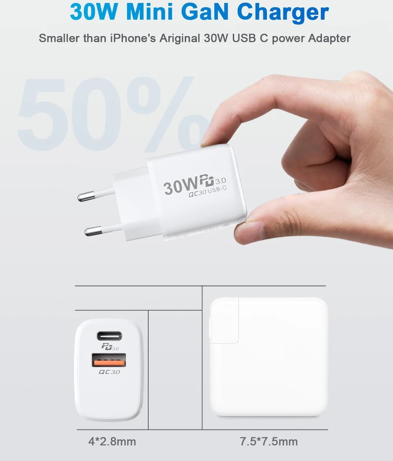 Lemsen 30 W USB-C tinklo įkroviklis su 2 m USB-C kabeliu, PD 3.0, YH-30WAC