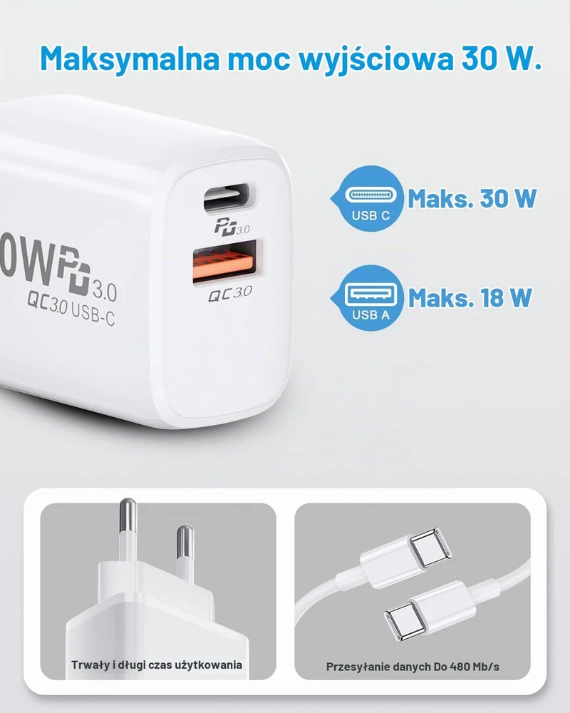 Lemsen 30 W USB-C tinklo įkroviklis su 2 m USB-C kabeliu, PD 3.0, YH-30WAC