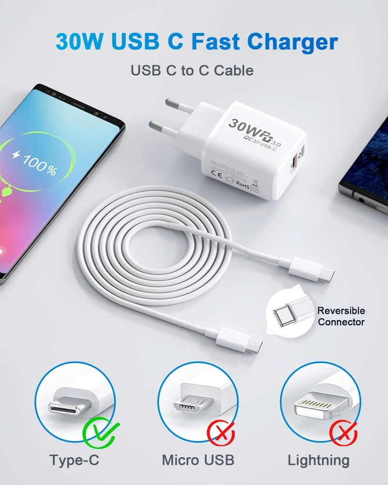 Lemsen 30 W USB-C tinklo įkroviklis su 2 m USB-C kabeliu, PD 3.0, YH-30WAC