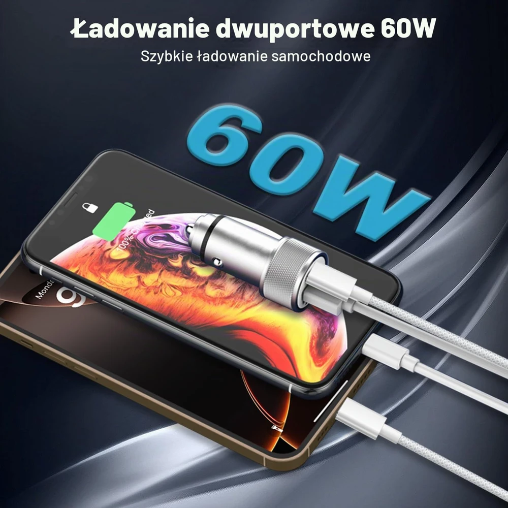 Lemsen automobilinis įkroviklis 60 W su USB-C ir USB-A jungtimis, PD 3.0, QC 3.0, JC-36UC