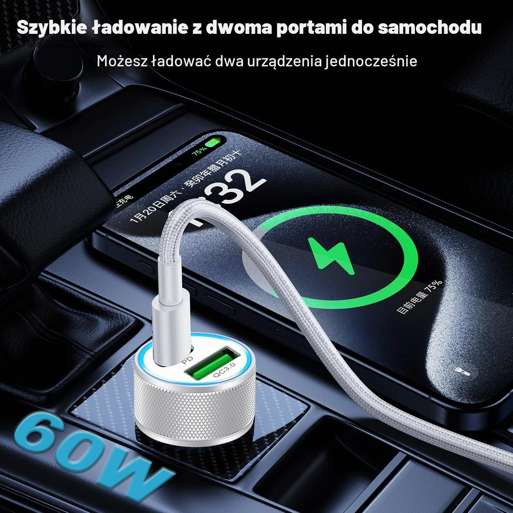 Lemsen automobilinis įkroviklis 60 W su USB-C ir USB-A jungtimis, PD 3.0, QC 3.0, JC-36UC