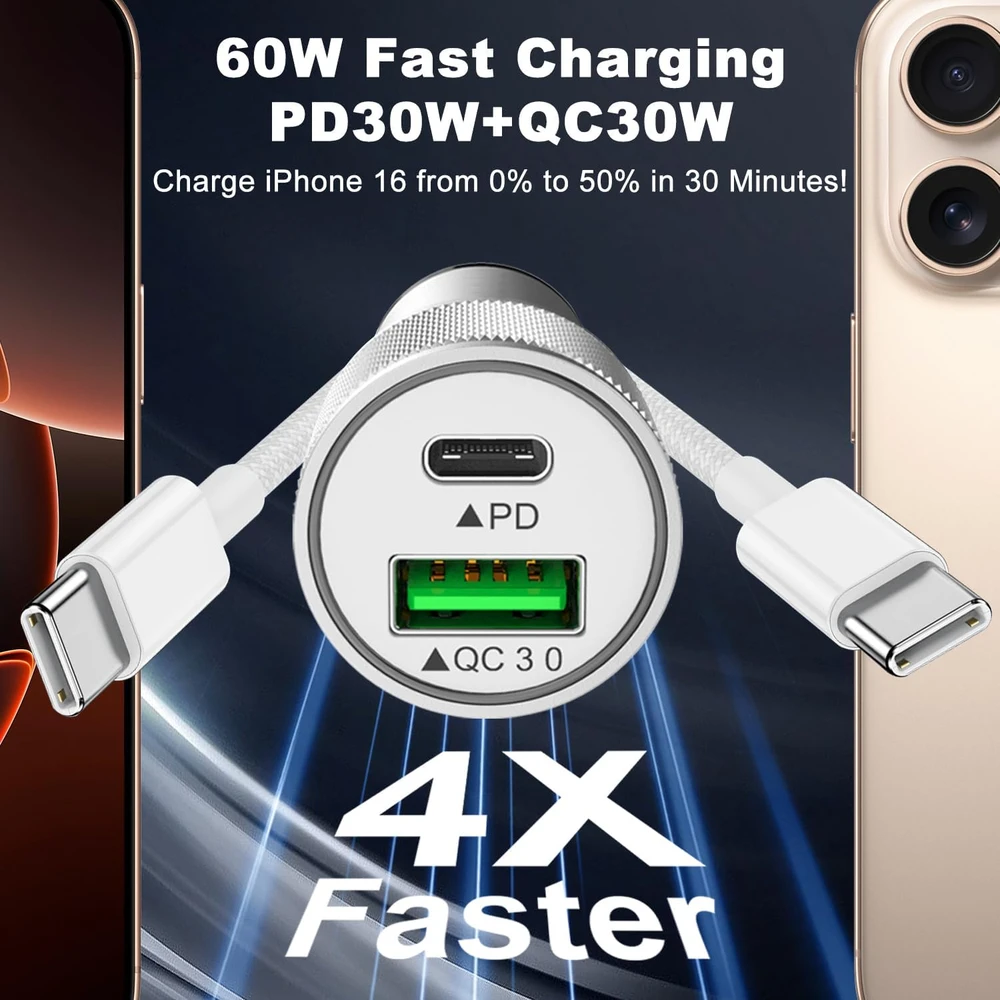 Lemsen automobilinis įkroviklis 60 W su USB-C ir USB-A jungtimis, PD 3.0, QC 3.0, JC-36UC