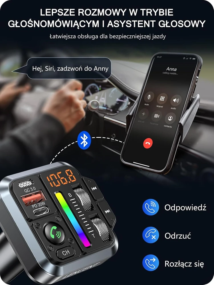 LENCENT automobilinis Bluetooth 5.3 FM siųstuvas su PD 20 W ir QC 18 W įkrovimu