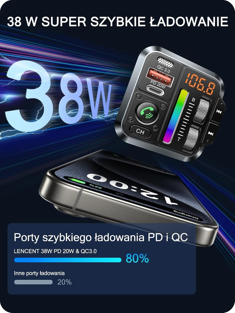 LENCENT automobilinis Bluetooth 5.3 FM siųstuvas su PD 20 W ir QC 18 W įkrovimu