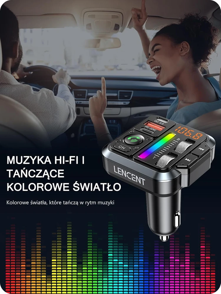 LENCENT automobilinis Bluetooth 5.3 FM siųstuvas su PD 20 W ir QC 18 W įkrovimu